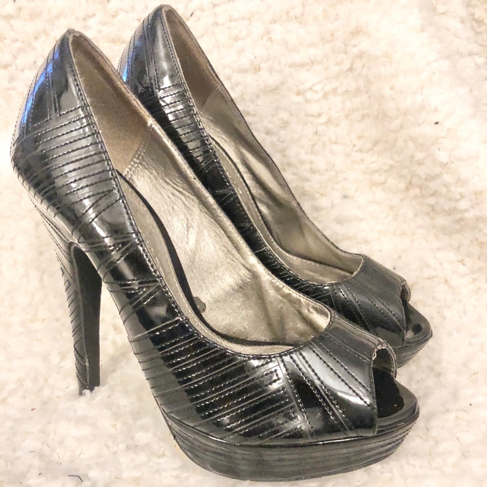 Colin Stuart black patent leather peep toe heels